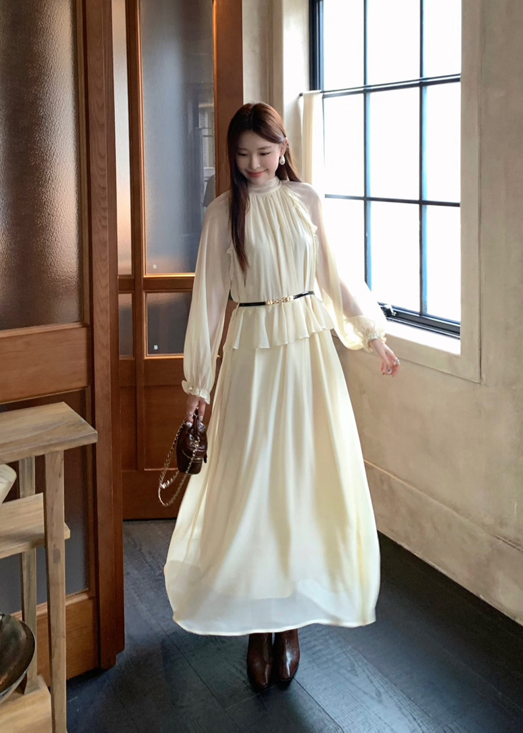 【dress】ベルト付きバックリボンロングワンピース Q8984