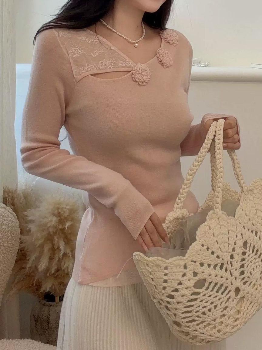 【tops】立体フラワー付きレースドッキングトップス Q9125