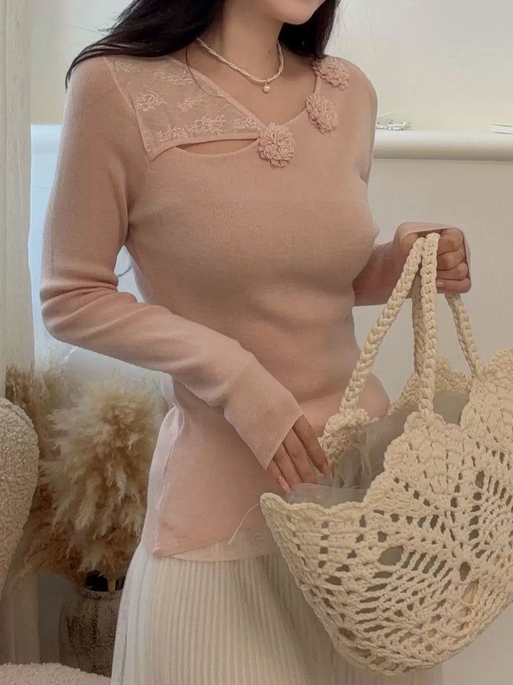 【tops】立体フラワー付きレースドッキングトップス Q9125