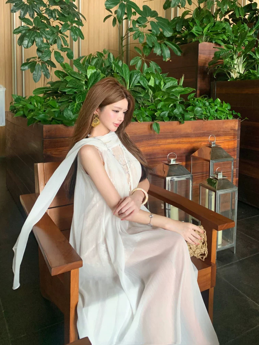 【dress】レースドッキングシアーチュールロングワンピース Q8585