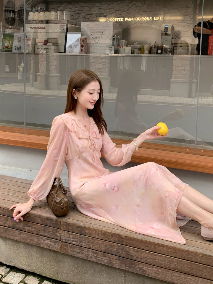 【dress】フラワー柄レースドッキングロングワンピース Q8998