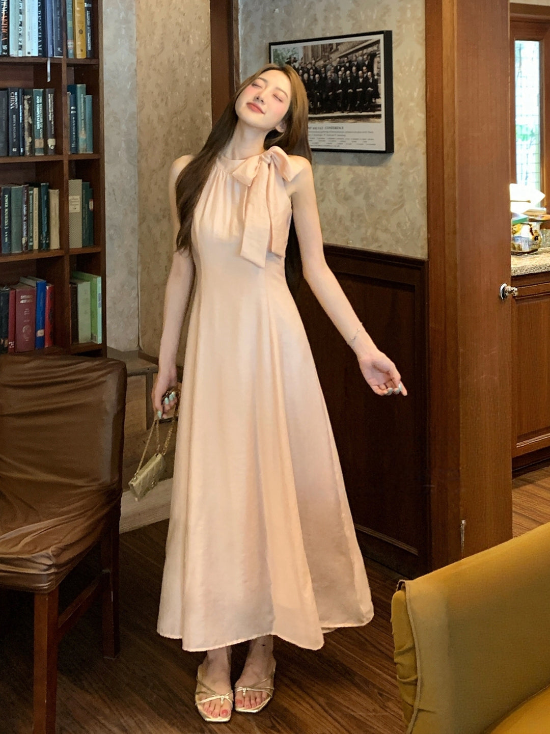【dress】ノースリーブリボン付きロングワンピース Q8663