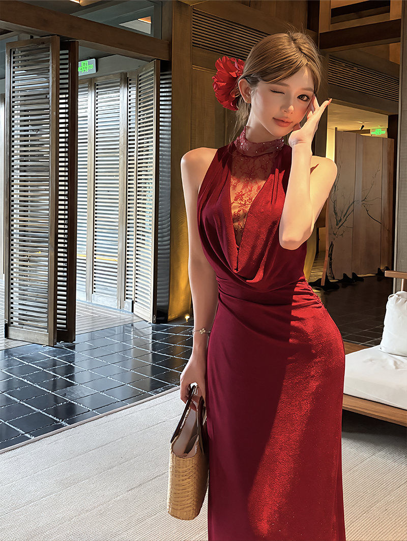 【dress】レースドッキングドレープドネックワンピース Q8634