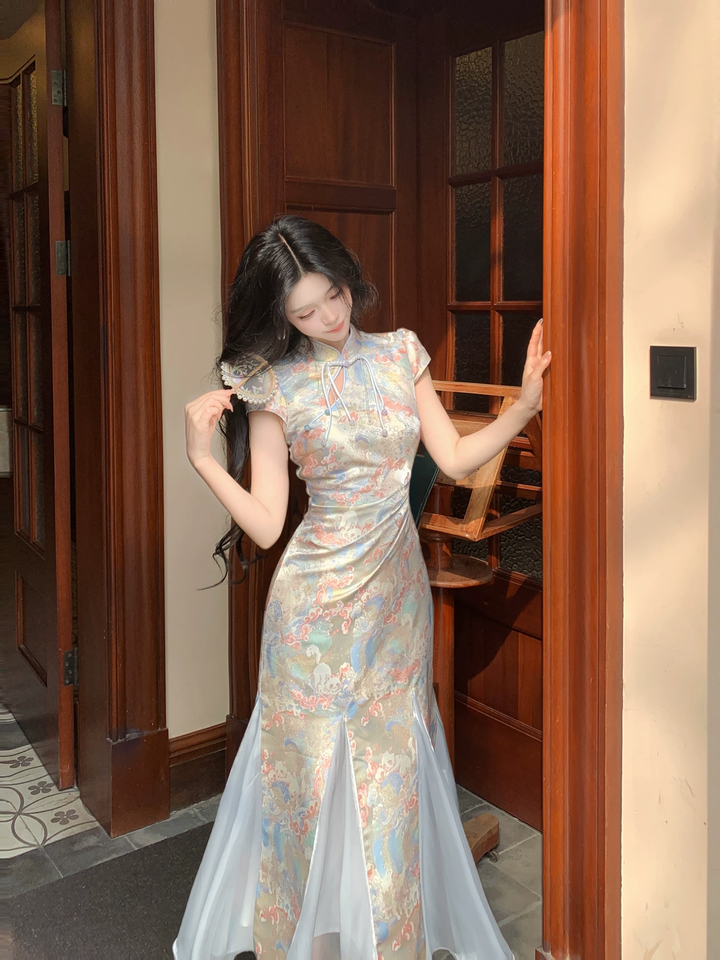 【dress】半袖サテンドッキングロングワンピース Q8542
