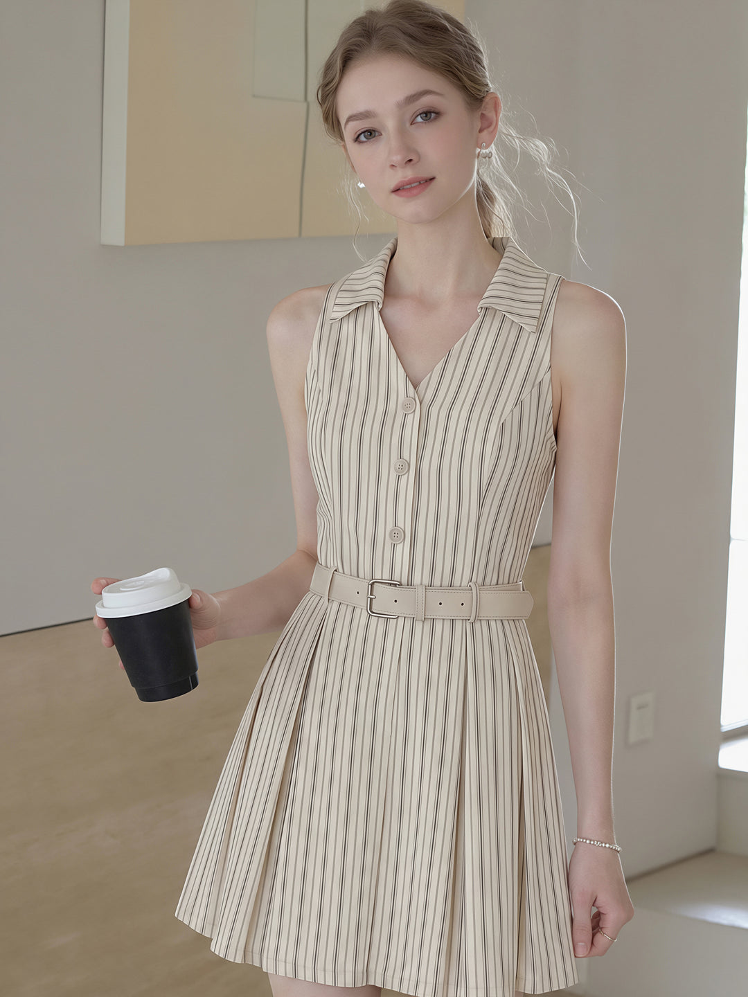 【dress】ノースリーブストライプ柄シャツワンピース Q8829