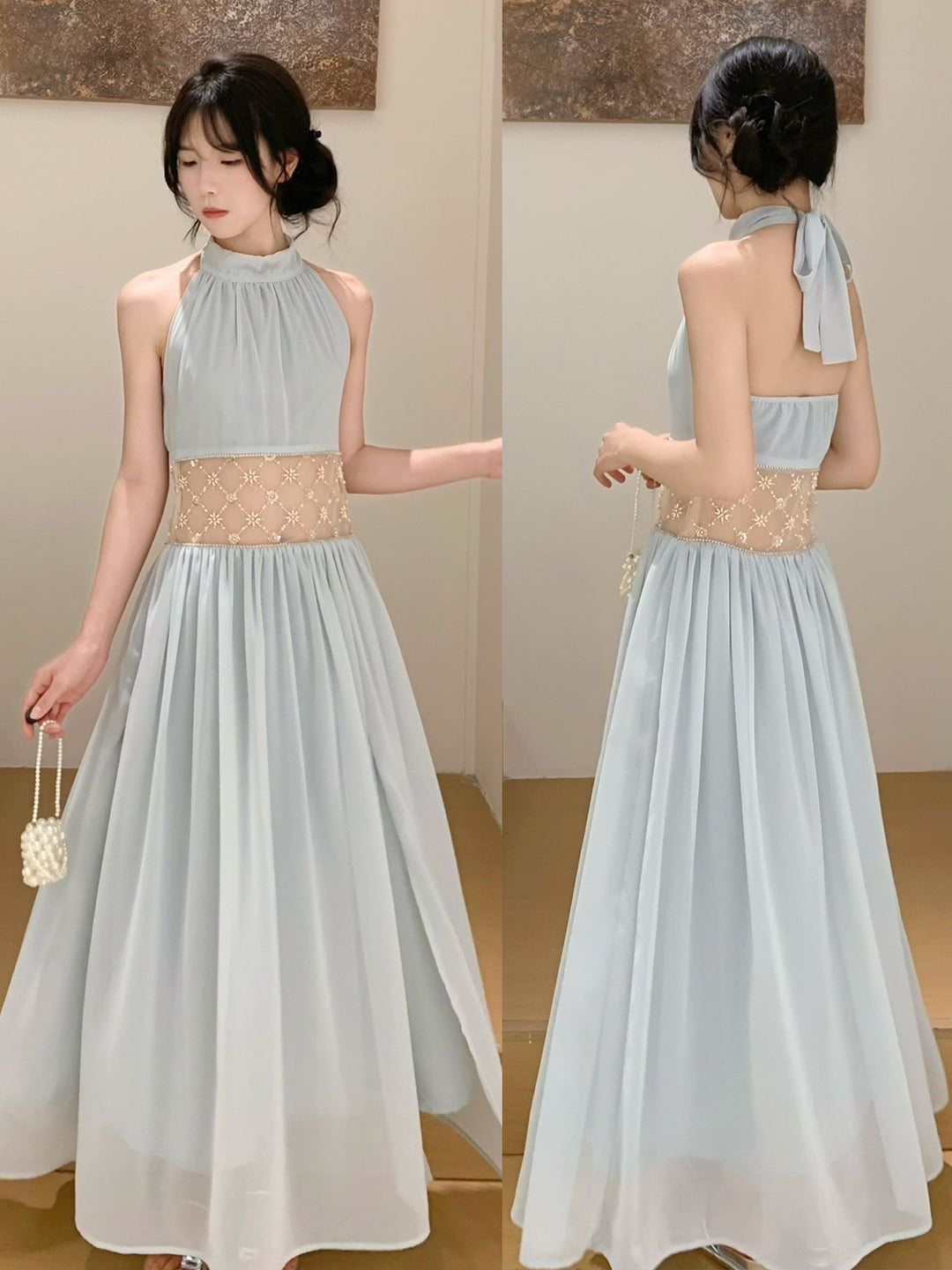 【dress】ホルターネックレースドッキングロングワンピース Q8660