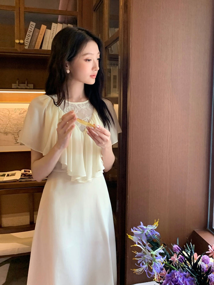 【dress】レースドッキングハンカチーフスリーブロングワンピース Q8675