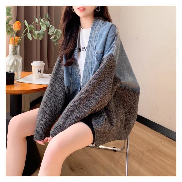 【outer】デニム切り替えニットカーデ　M25746