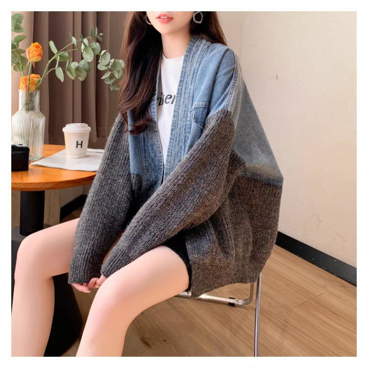 【outer】デニム切り替えニットカーデ　M25746