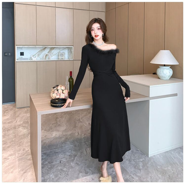 【dress】ファーネックニットワンピース　M18254