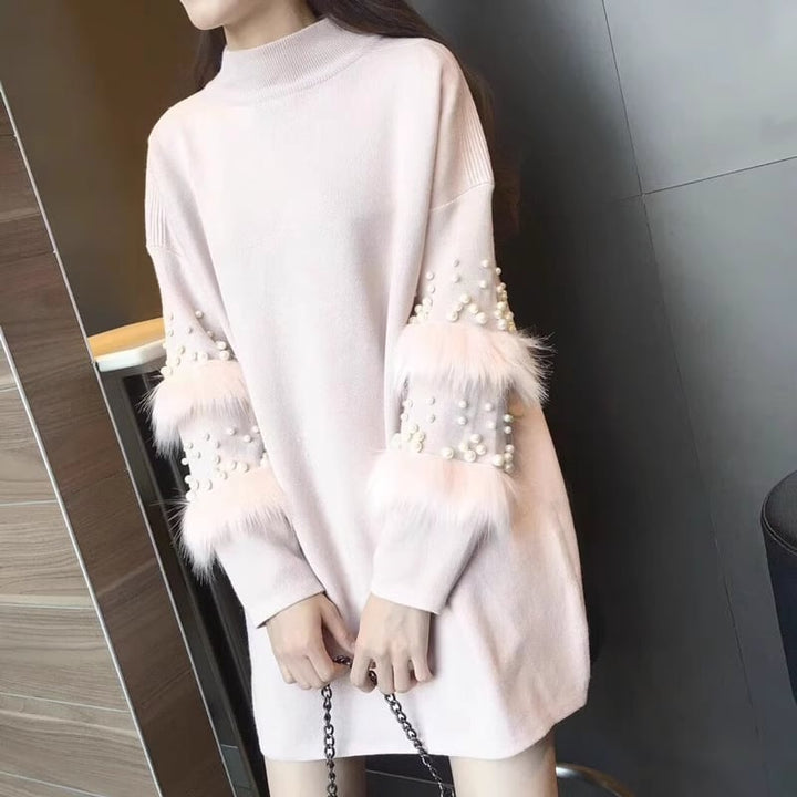 【dress】袖ファーパールニットワンピース　M19363