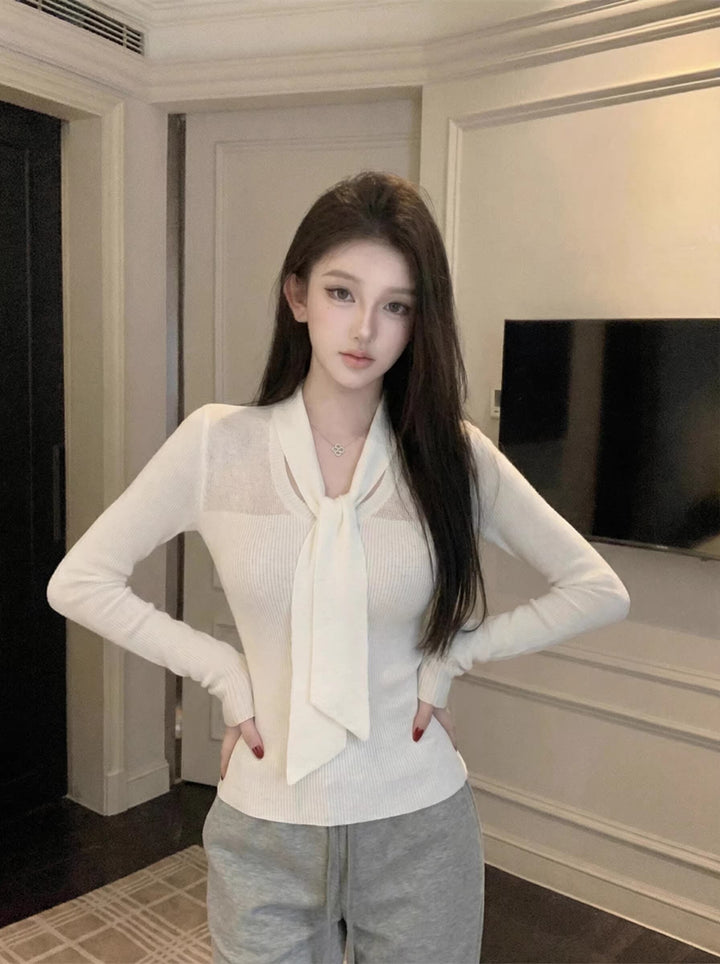 【tops】スカーフネックニットトップス Q8044