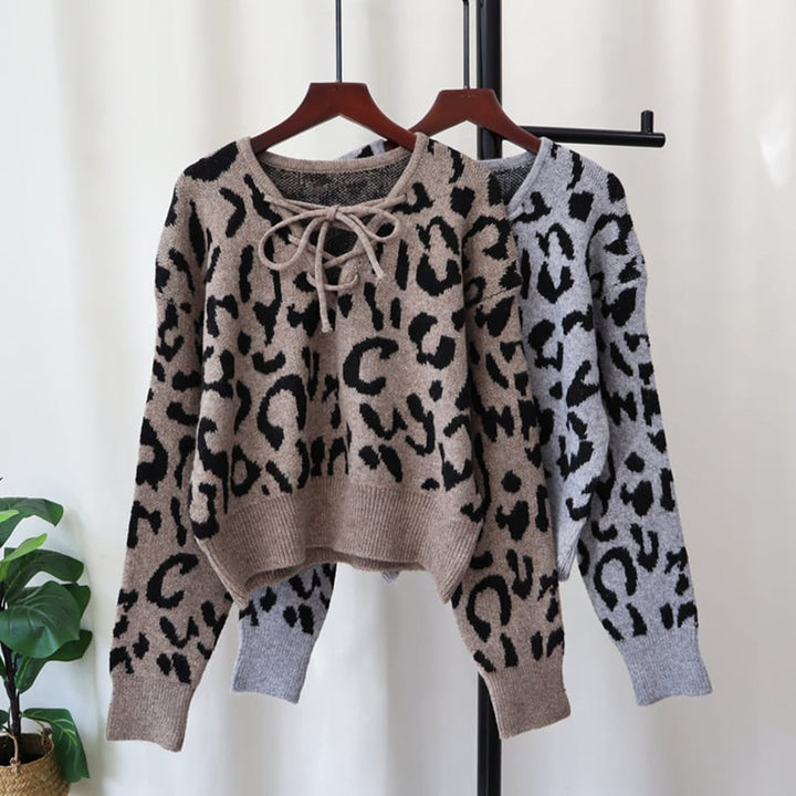【tops】レースアップヒョウ柄ニットトップス　M26617