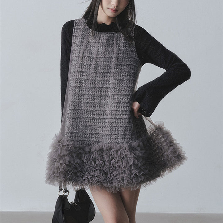 【dress】チュールフリルツイードノースリーブミニワンピース　N3523