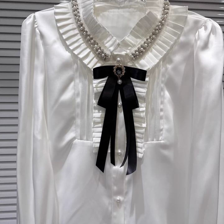 【tops】リボン付きギャザーフリルシャツ Q7893