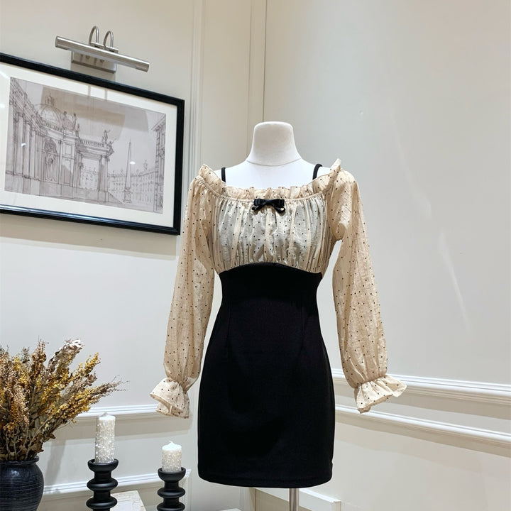 【dress】オフショルドットドッキングミニワンピース   N3772
