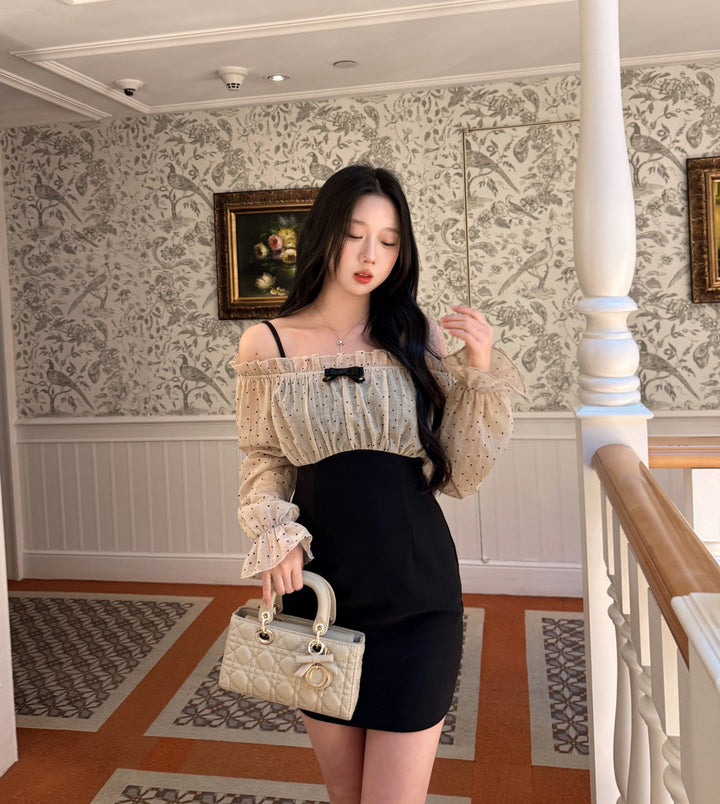 【dress】オフショルドットドッキングミニワンピース   N3772