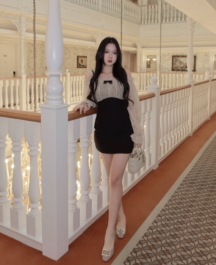 【dress】オフショルドットドッキングミニワンピース   N3772