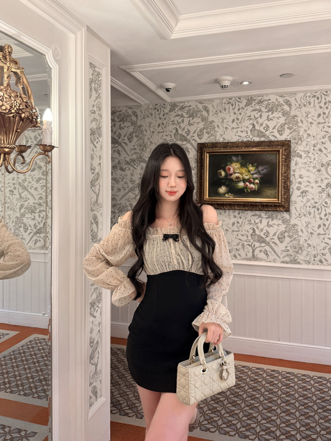 【dress】オフショルドットドッキングミニワンピース   N3772