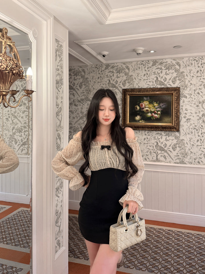 【dress】オフショルドットドッキングミニワンピース   N3772