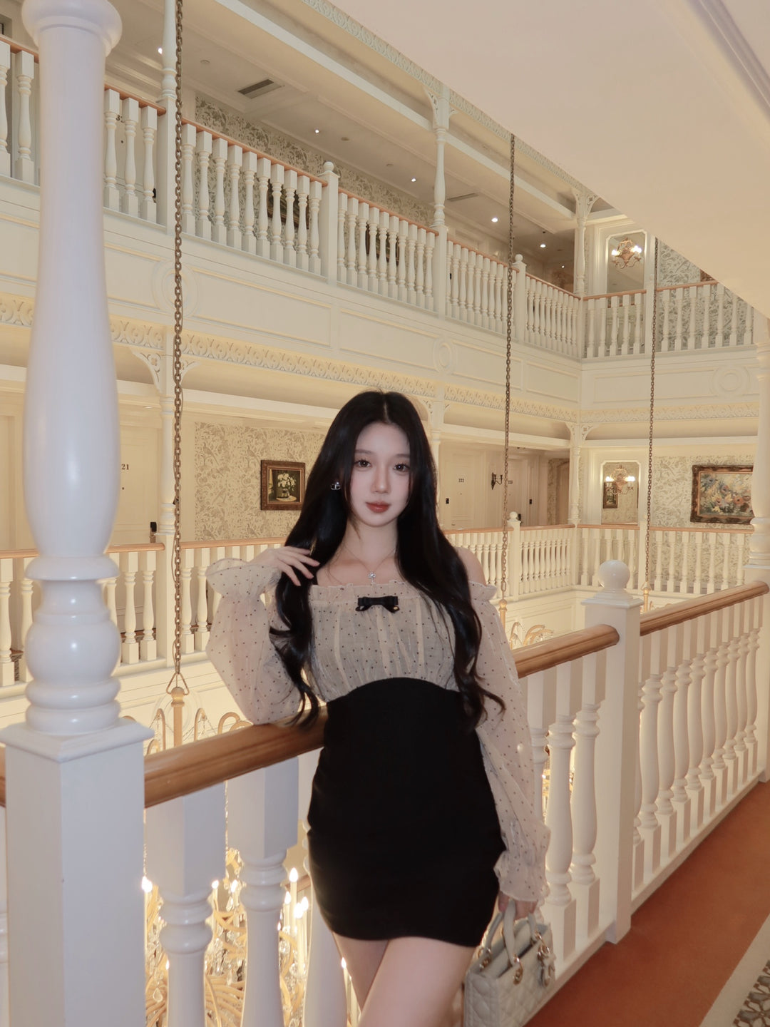 【dress】オフショルドットドッキングミニワンピース   N3772