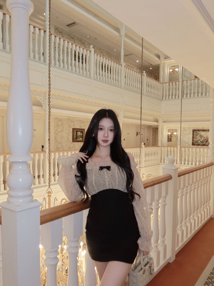 【dress】オフショルドットドッキングミニワンピース   N3772