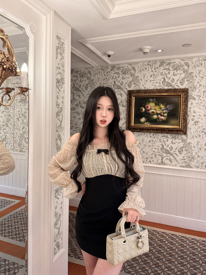 【dress】オフショルドットドッキングミニワンピース   N3772