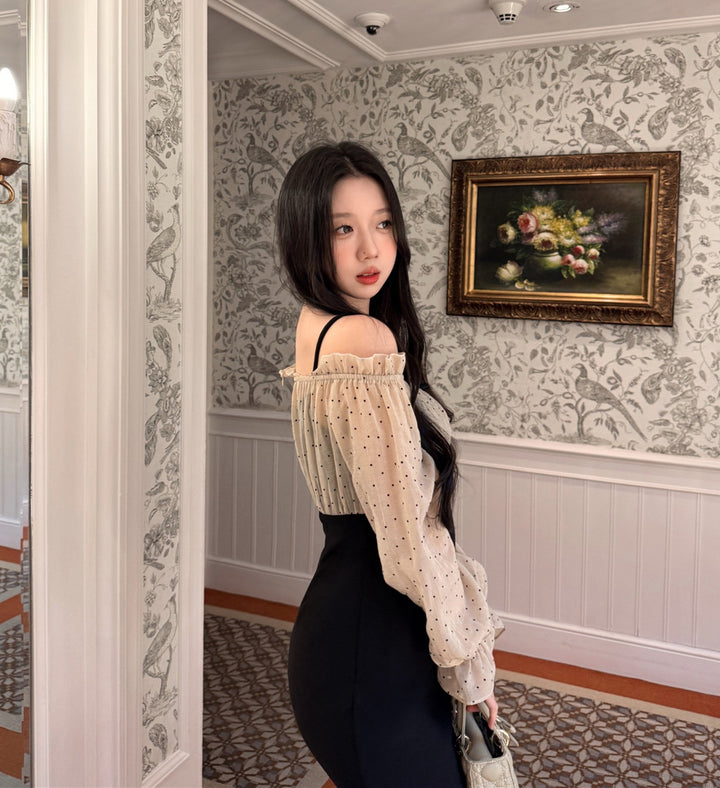 【dress】オフショルドットドッキングミニワンピース   N3772