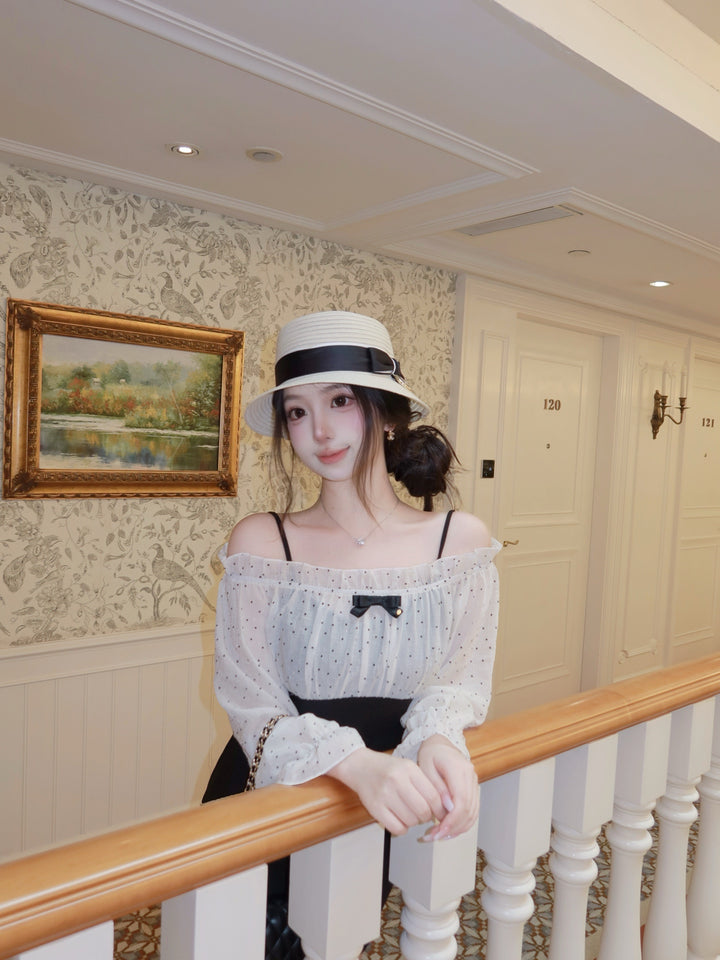 【dress】オフショルドットドッキングミニワンピース   N3772