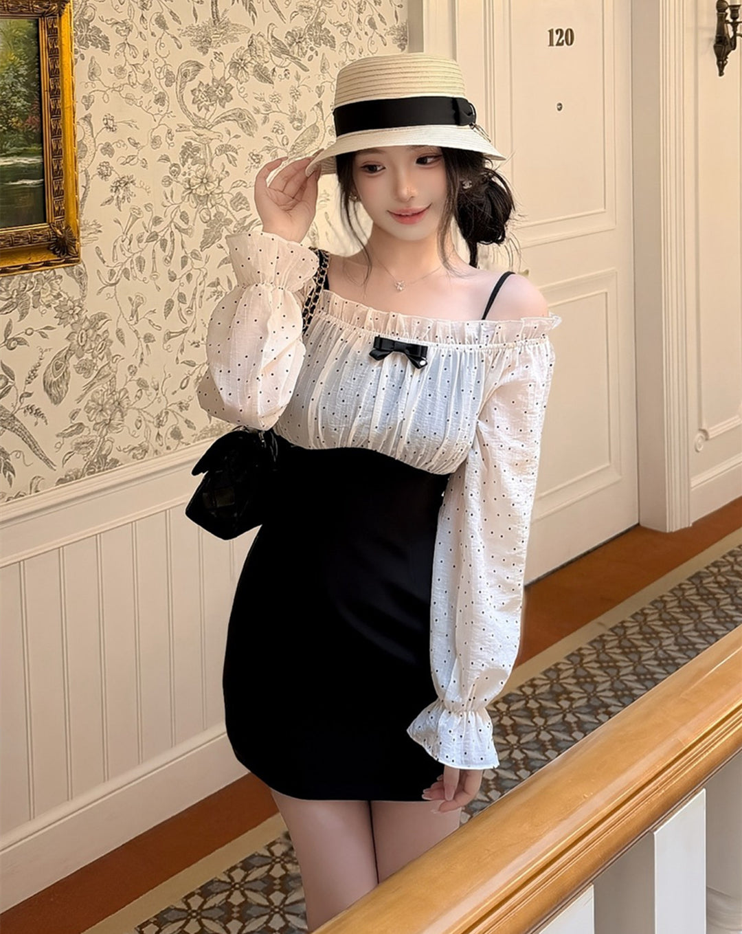 【dress】オフショルドットドッキングミニワンピース   N3772