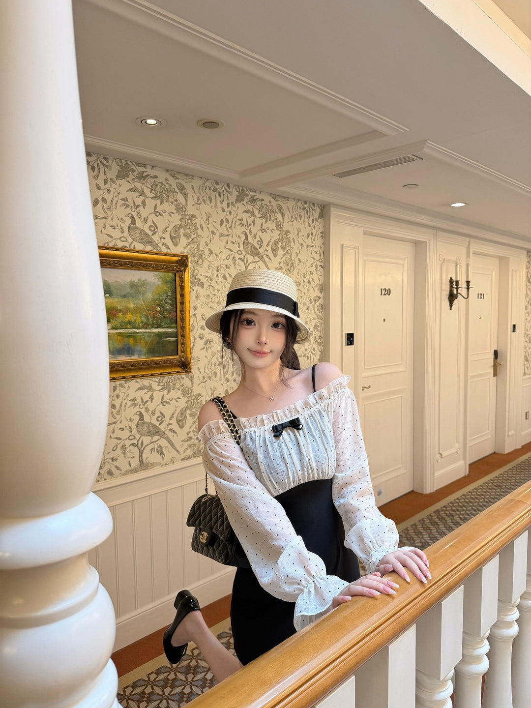 【dress】オフショルドットドッキングミニワンピース   N3772