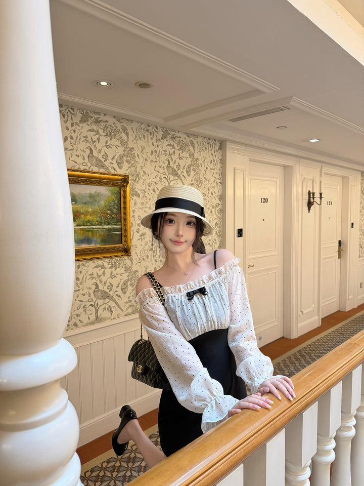 【dress】オフショルドットドッキングミニワンピース   N3772