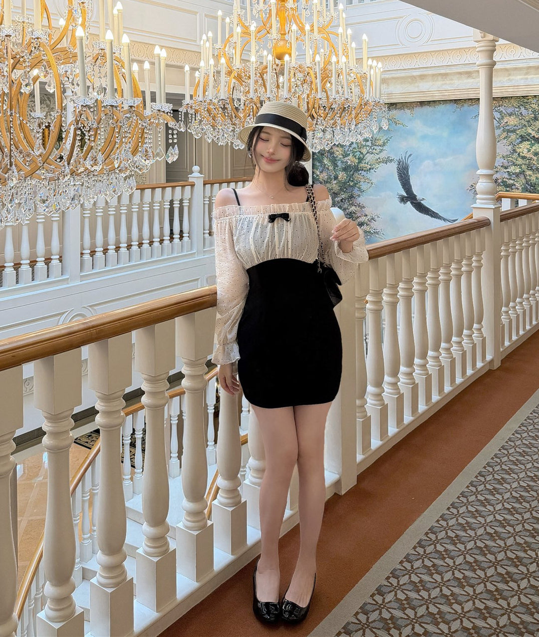 【dress】オフショルドットドッキングミニワンピース   N3772