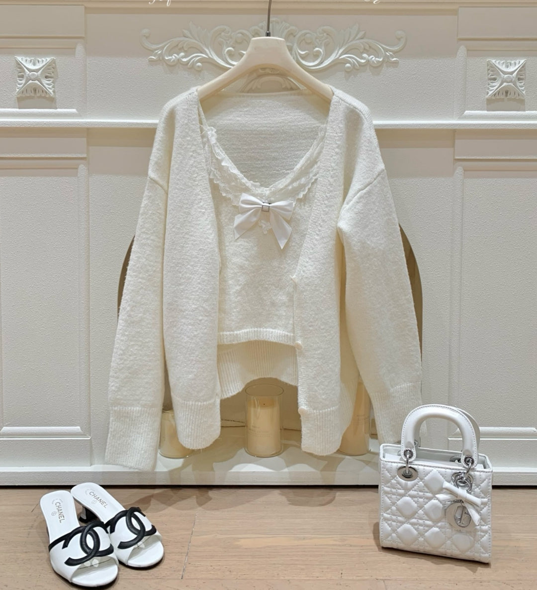 【set】レースドッキングキャミソールカーディガン×ニットセット Ｋ0640