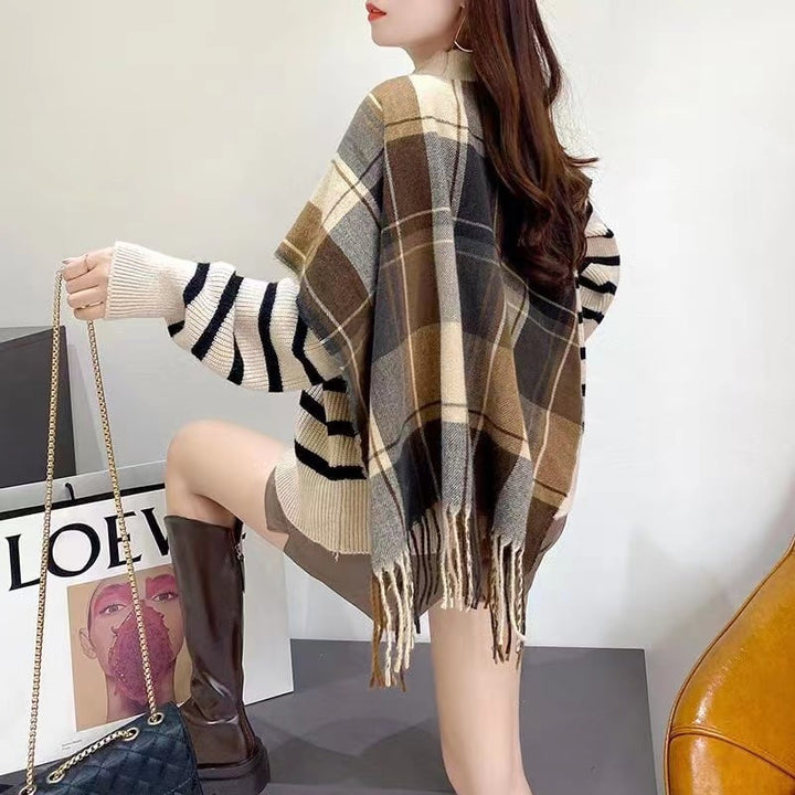 【tops】ドッキングチェック柄ニットセーター　M18371
