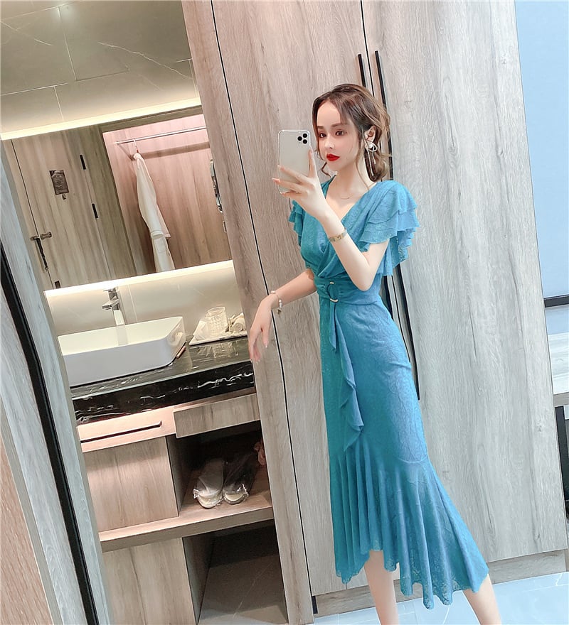 【dress】美人度アップVネックマーメイドワンピース　M17020