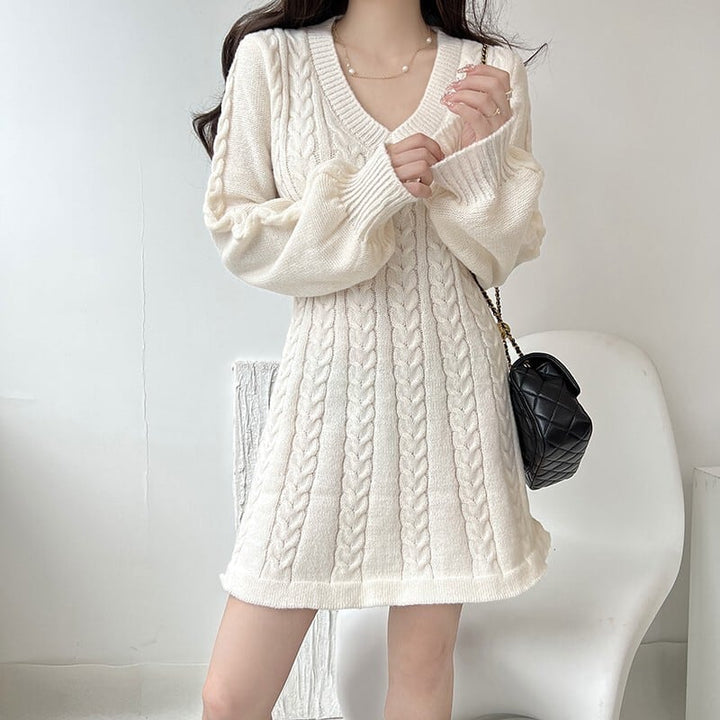 【dress】Vネック無地ニットワンピース　M17948