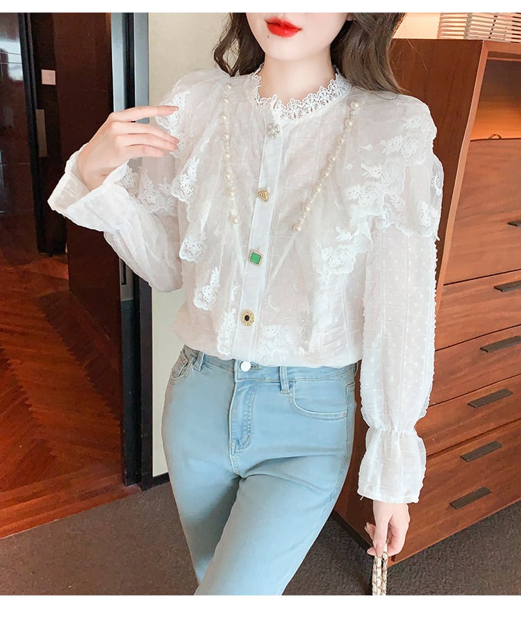 【tops】エレガントレース切り替えシャツトップス　M17378
