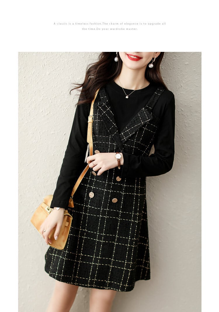 【dress】切り替えボタンデザインチェック柄ワンピース　M17688