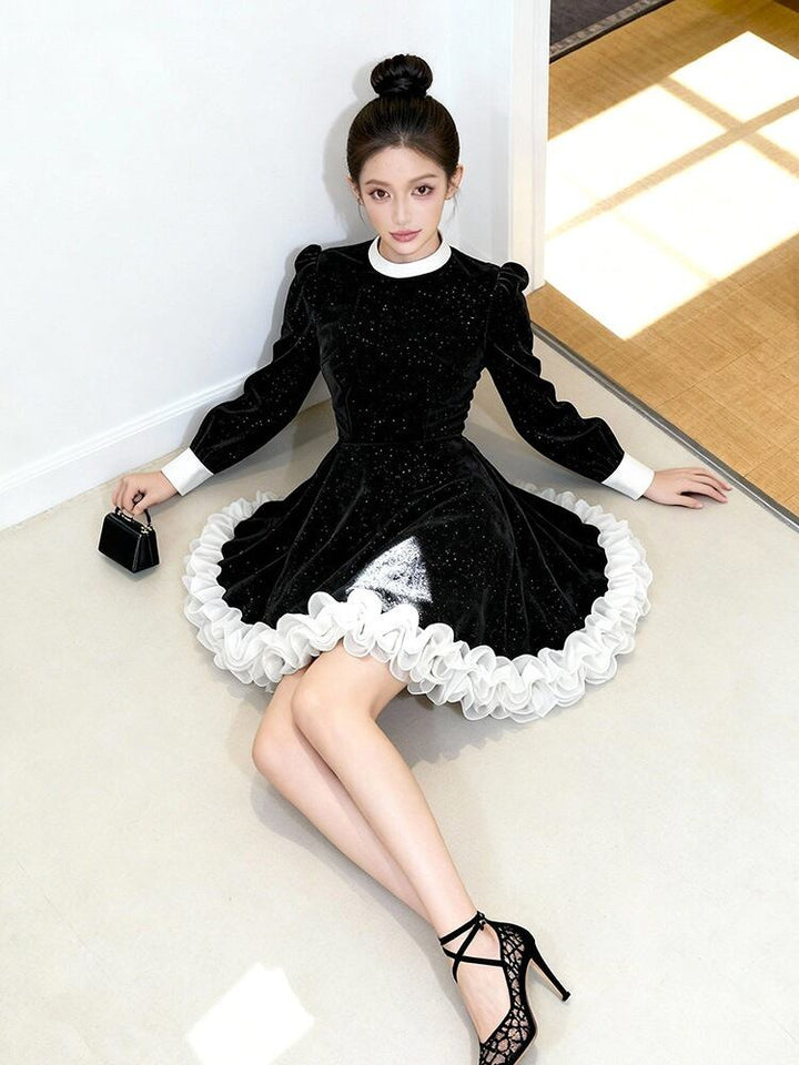 【dress】ギャザーフリルベルベットワンピース Q7573