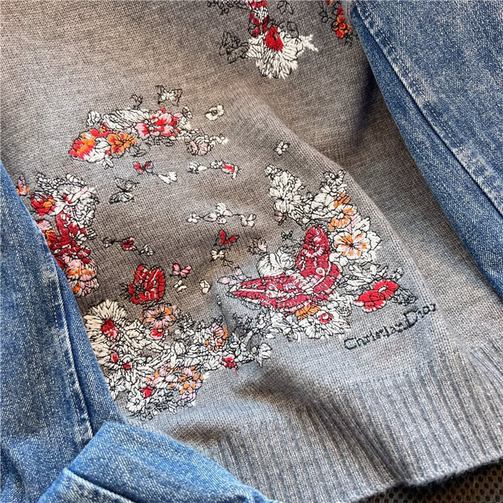 【tops】刺繍デニム切り替えニットセーター　M17706