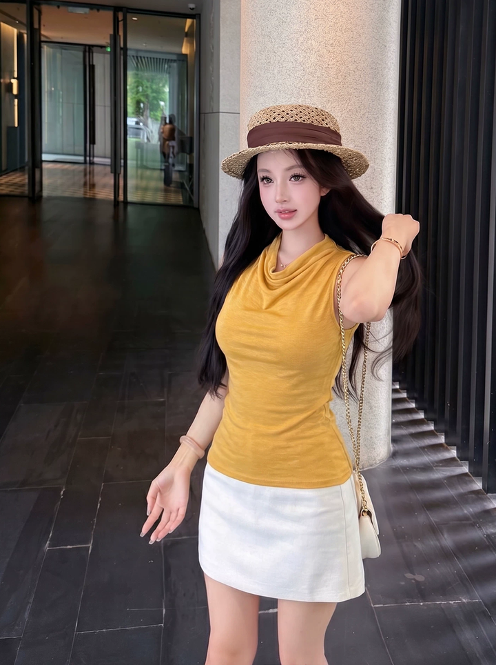 【tops】3色展開ノースリーブドレープドネックトップス Q8581