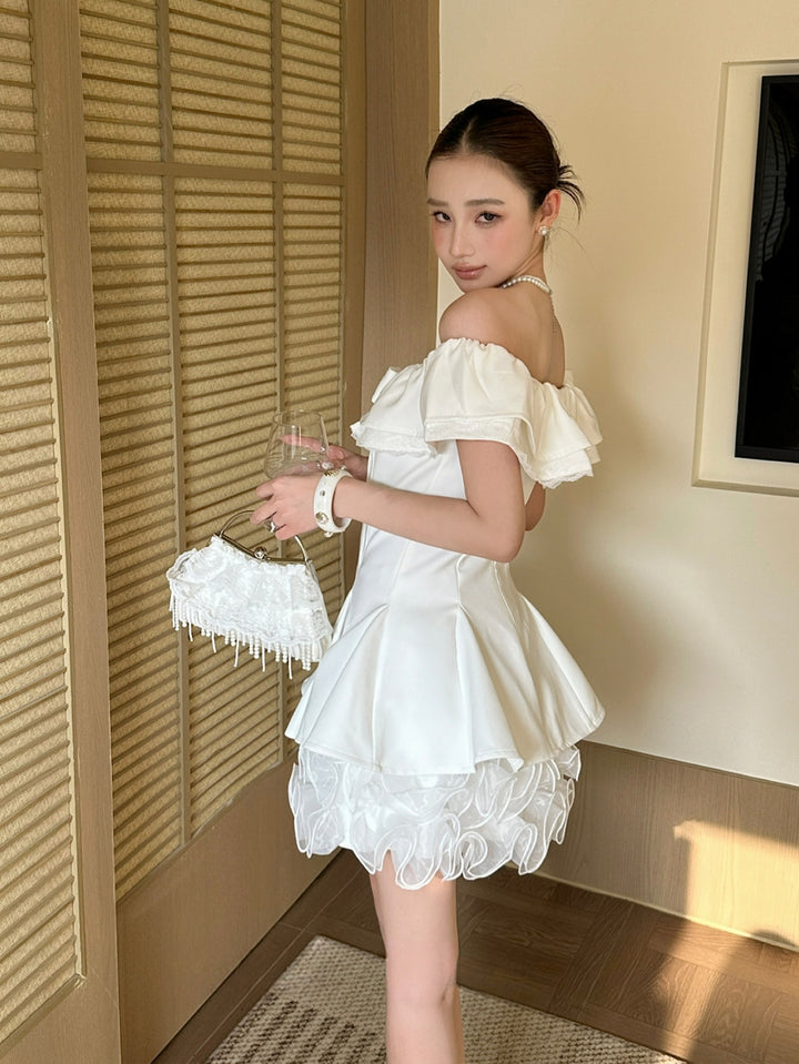 【dress】リボン付きレースドッキングミニワンピース Q8692