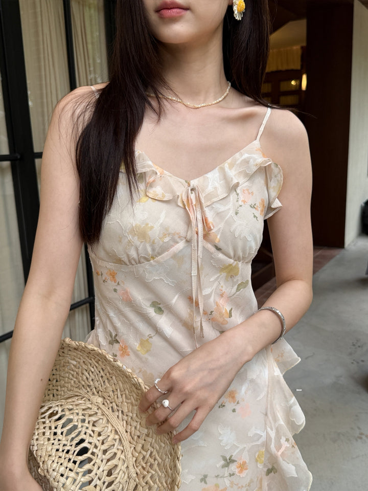 【dress】フラワー柄ギャザーフリルロングキャミワンピース Q8668