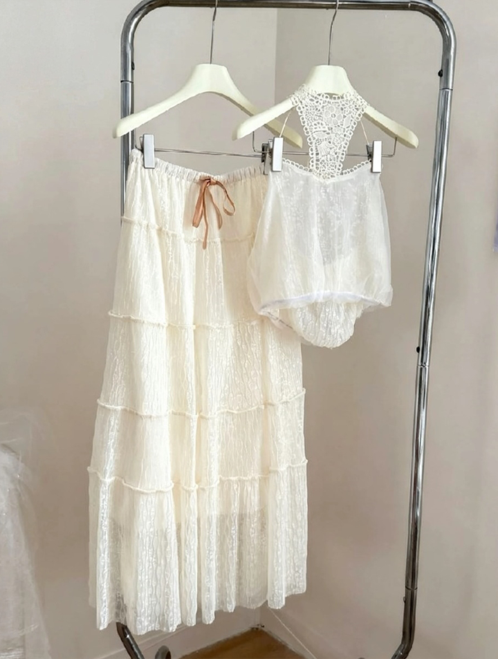 【set】レースドッキングホルターネックトップス×ロングスカートセット Q8536