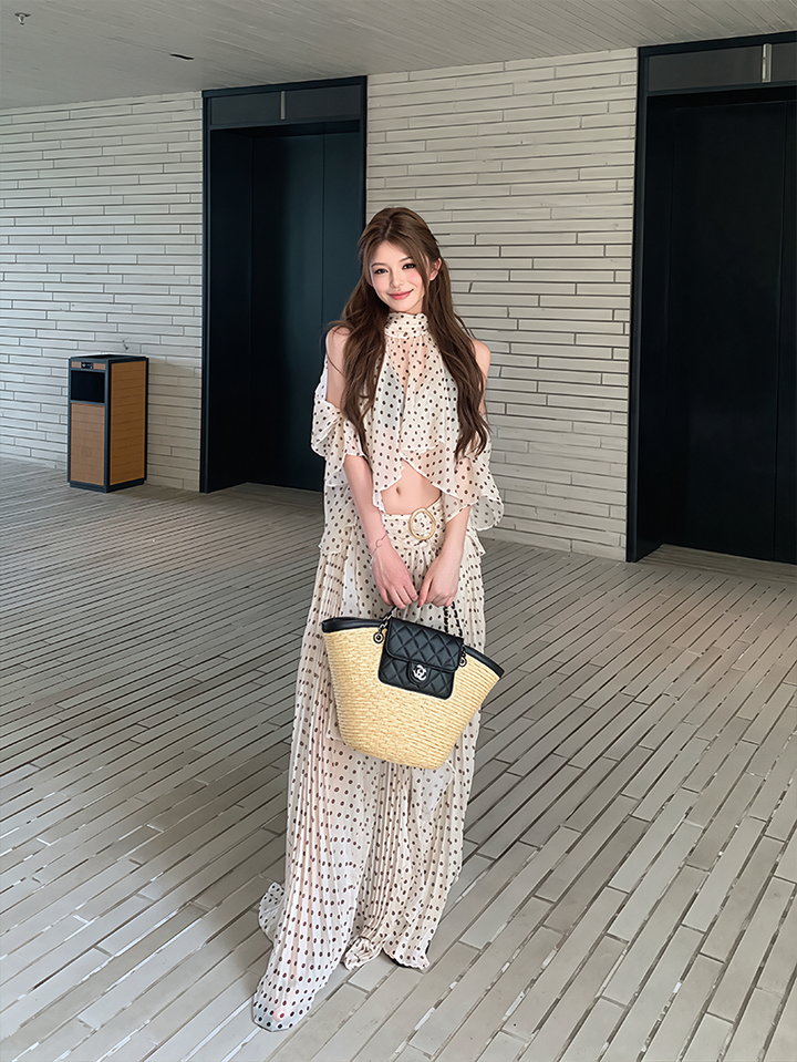 【set】ドット柄シャツ×ロングスカートセット Q8598