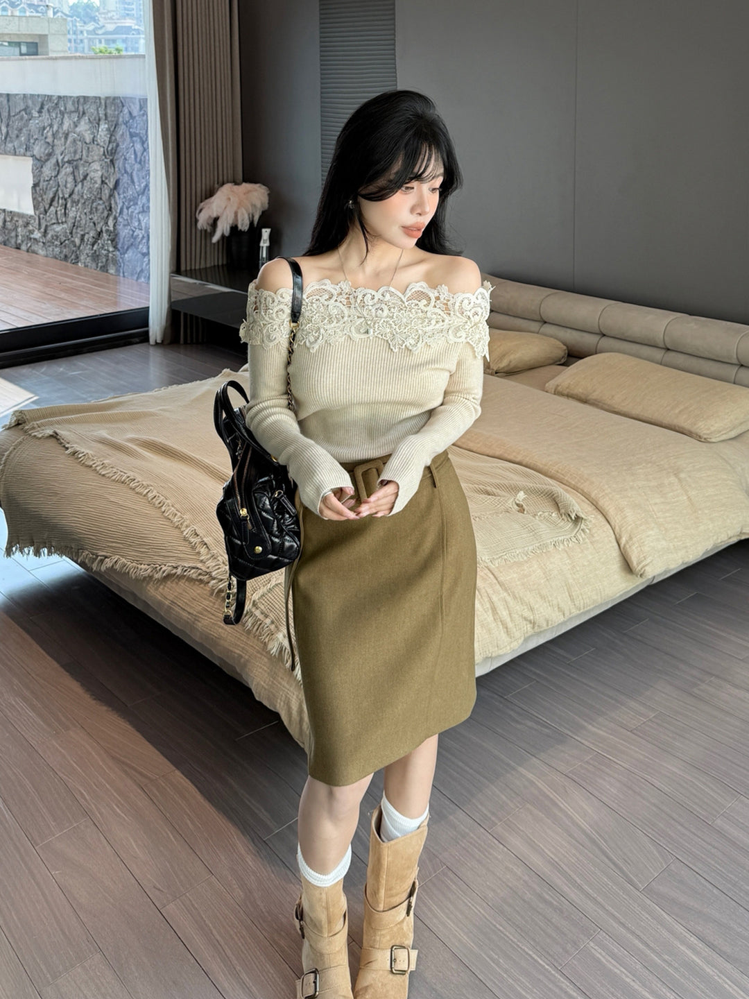 【tops】レースドッキングオフショルダーニットトップス Q9199