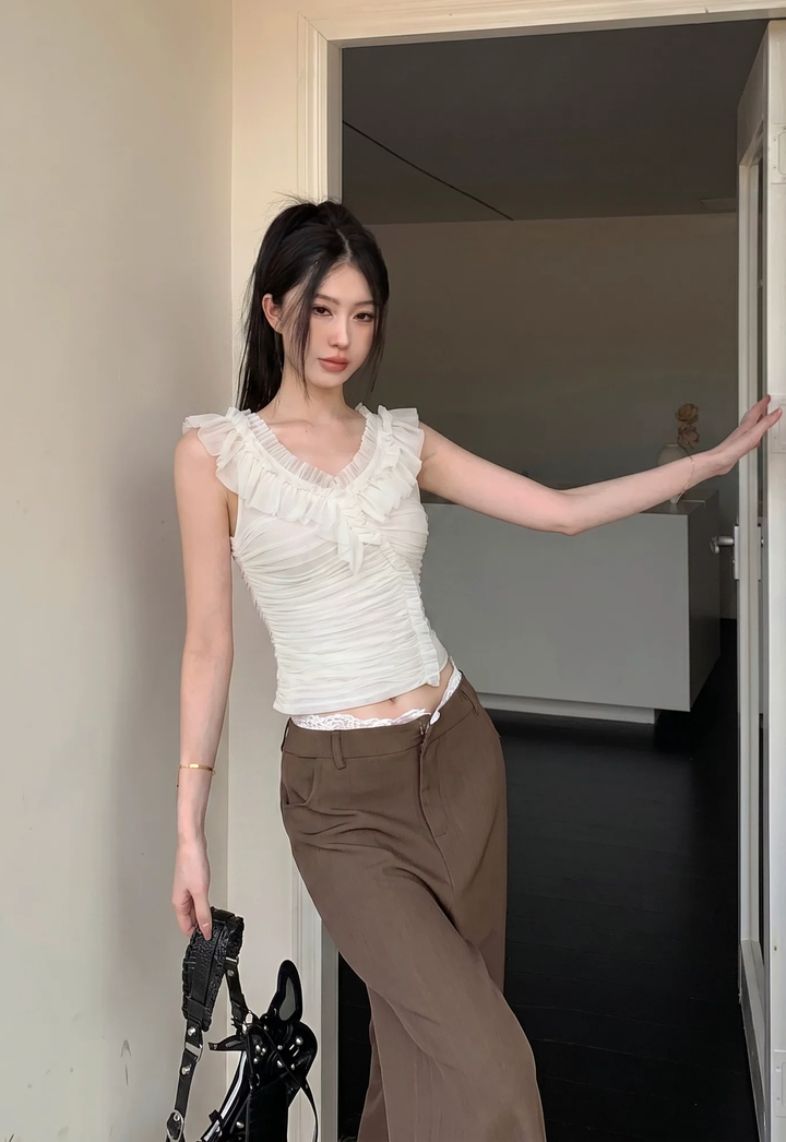 【tops】オフショルダーギャザーフリルトップス Q8583