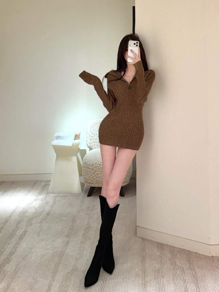 【dress】折り襟ニットミニワンピース Q9277