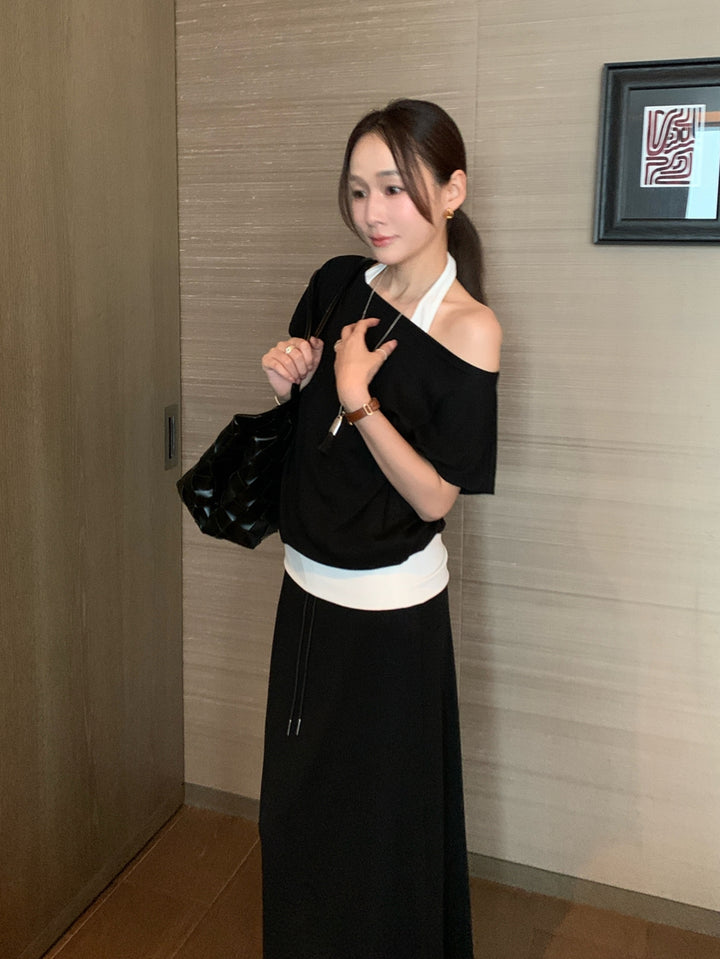 【set】ホルターネックフェイクレイヤードトップス×ロングスカートセット Q8653
